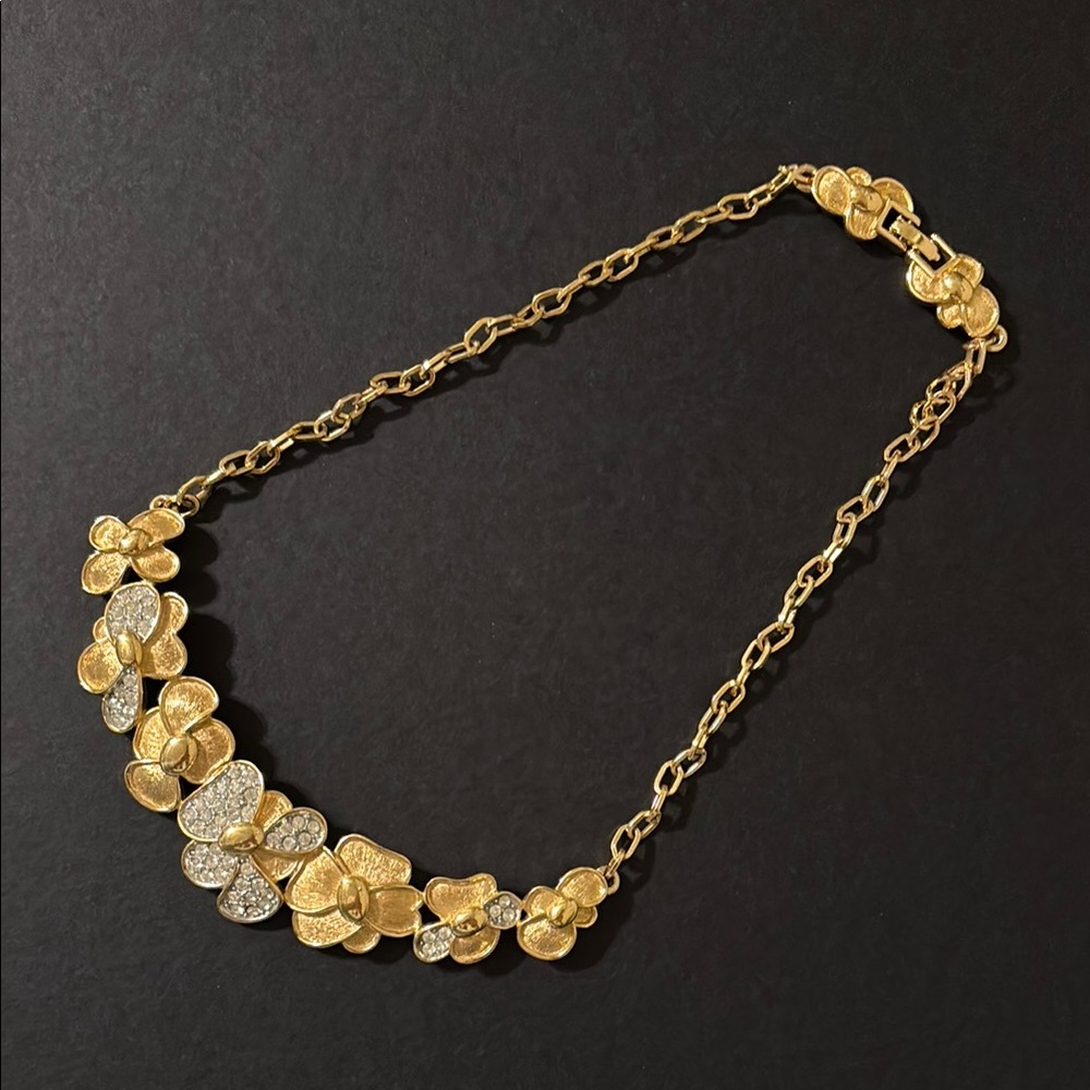 Vintage Monet Gold Tone Floral Pave Rhinestone Necklace